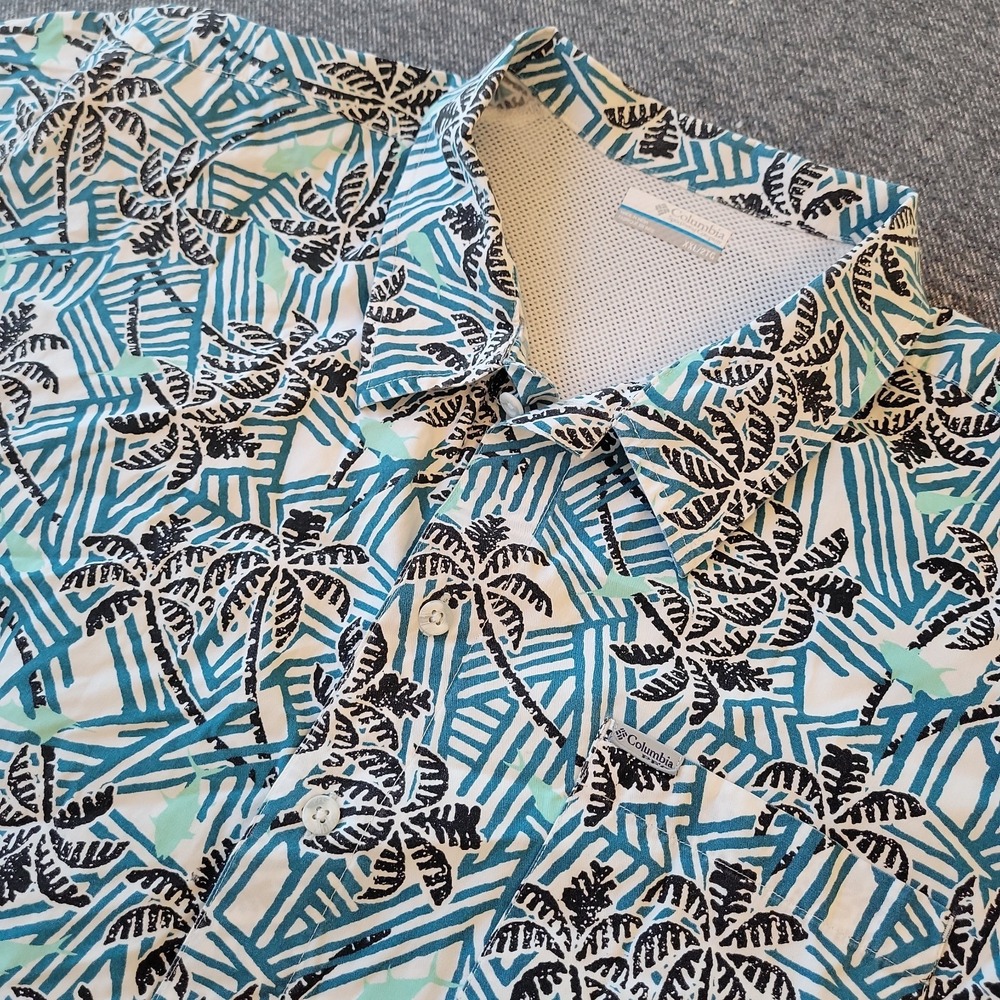 Columbia PFG Shirt Men's 2XL Blue Fishing Vented Tropical All Over Print Outdoor